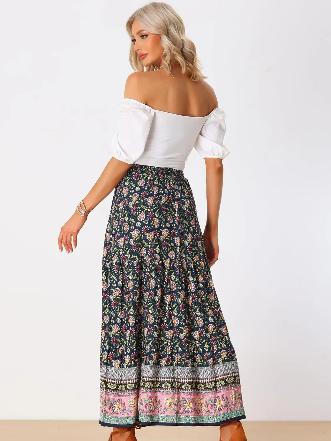 Allegra K Boho Skirt for Women's Flare Bohemian Floral Elastic Waist Flowy A-Line Vintage Casual Maxi Skirt
