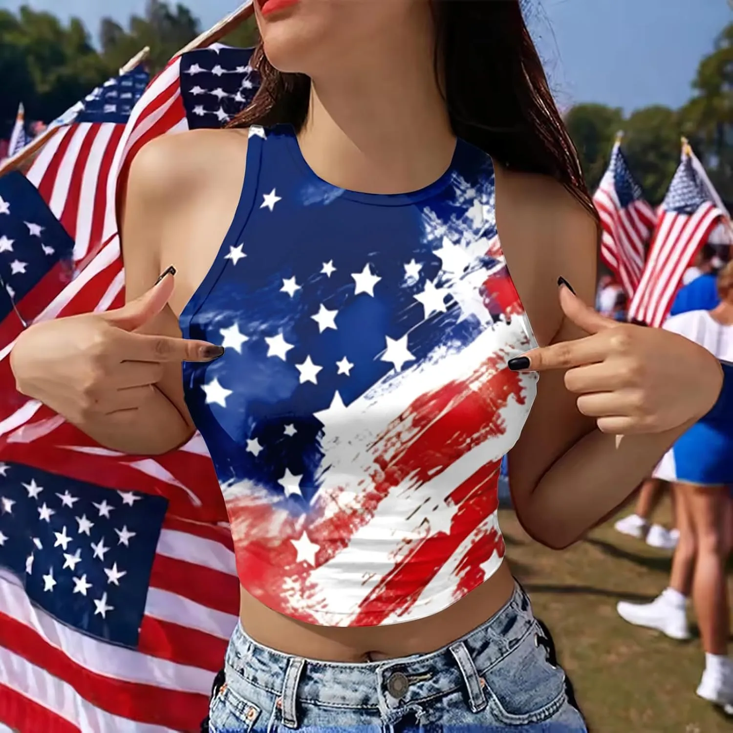 American Flag Crop Tank Tops Women: Patriotic Shirts USA Flag T-Shirt 4th of July Sleeveless Tee Tops