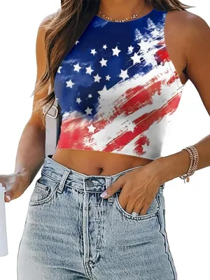 American Flag Crop Tank Tops Women: Patriotic Shirts USA Flag T-Shirt 4th of July Sleeveless Tee Tops