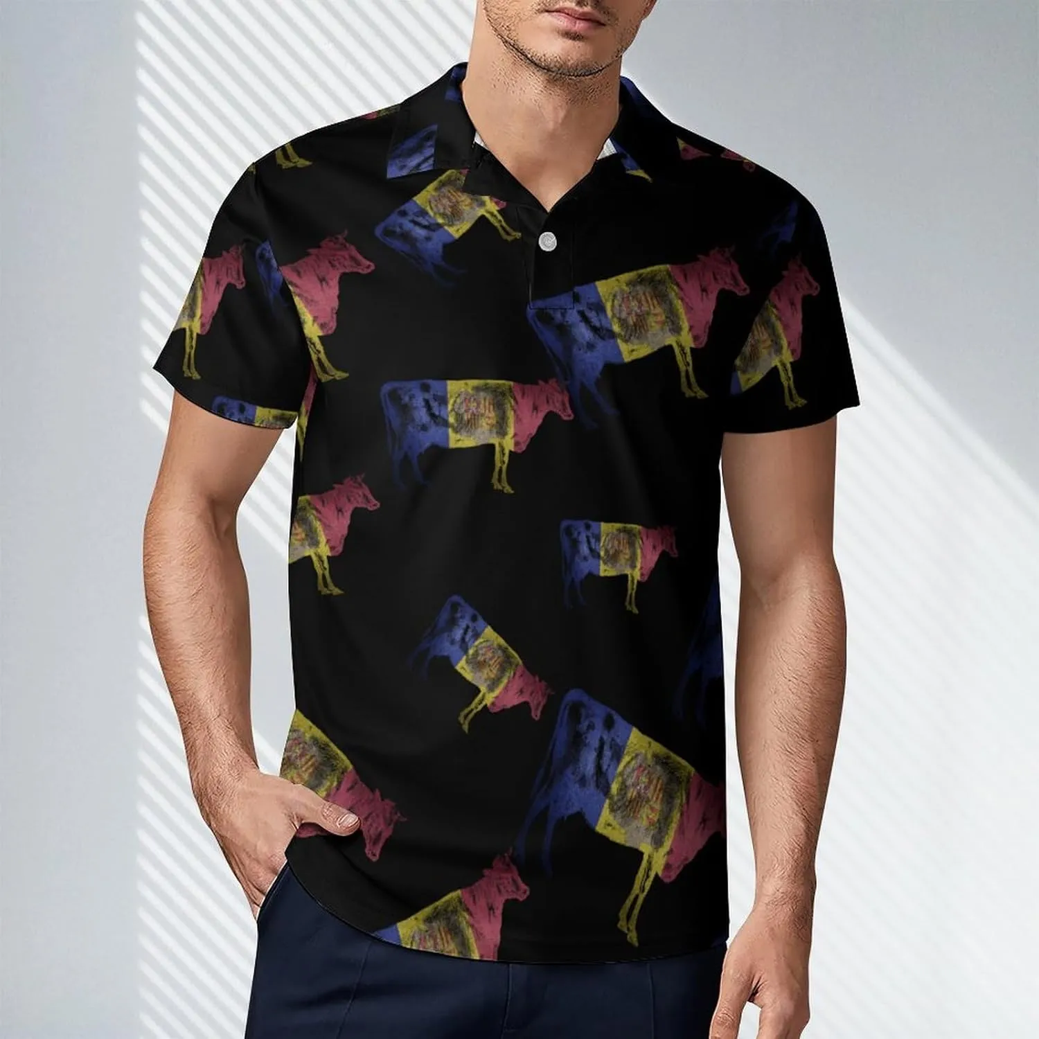 Andorra Flag Andorran Bull Cow Men's Polo-Shirt Regular-Fit Short Sleeve Sports Quick Dry Golf Tennis T-Shirt