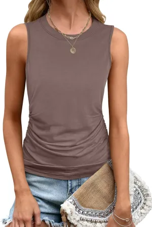ANRABESS Tank Top for Women Casual Loose Fit Sleeveless Crewneck Ruched Basic Tee Shirts 2025 Summer Trendy Outfits