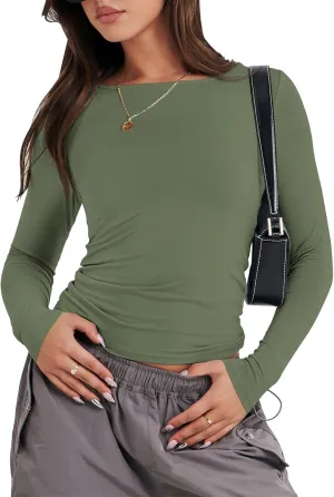 ANRABESS Womens Long Sleeve Shirts Tight Fitted Going Out Crop Tops Crewneck Basic Tee Y2k Outfits Teens Girls Clothes