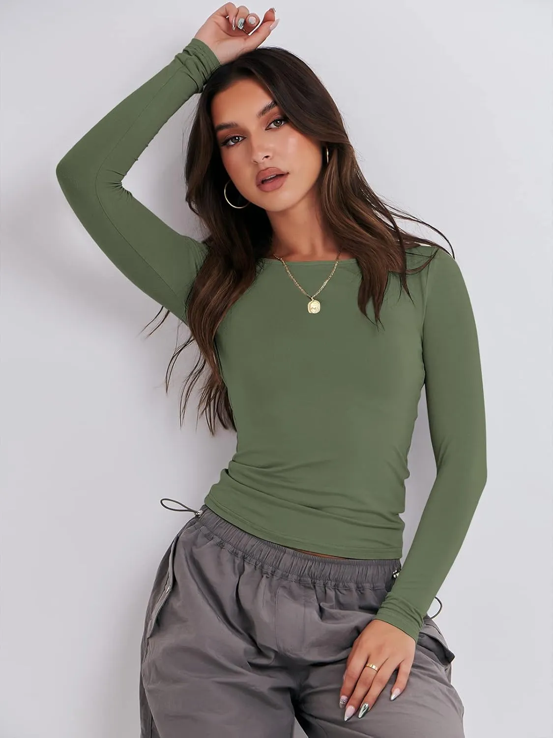 ANRABESS Womens Long Sleeve Shirts Tight Fitted Going Out Crop Tops Crewneck Basic Tee Y2k Outfits Teens Girls Clothes