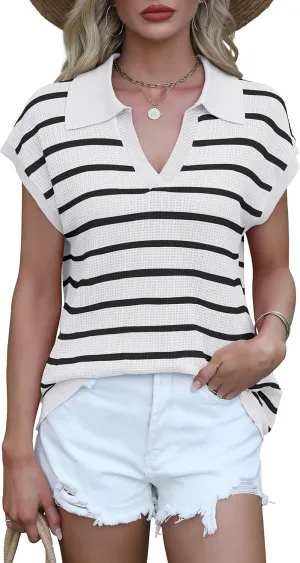 ANRABESS Womens Summer Cap Sleeve Sweater Vest Striped Polo V Neck Knit Tops Casual Trendy Loose Fit Sleeveless Sweaters