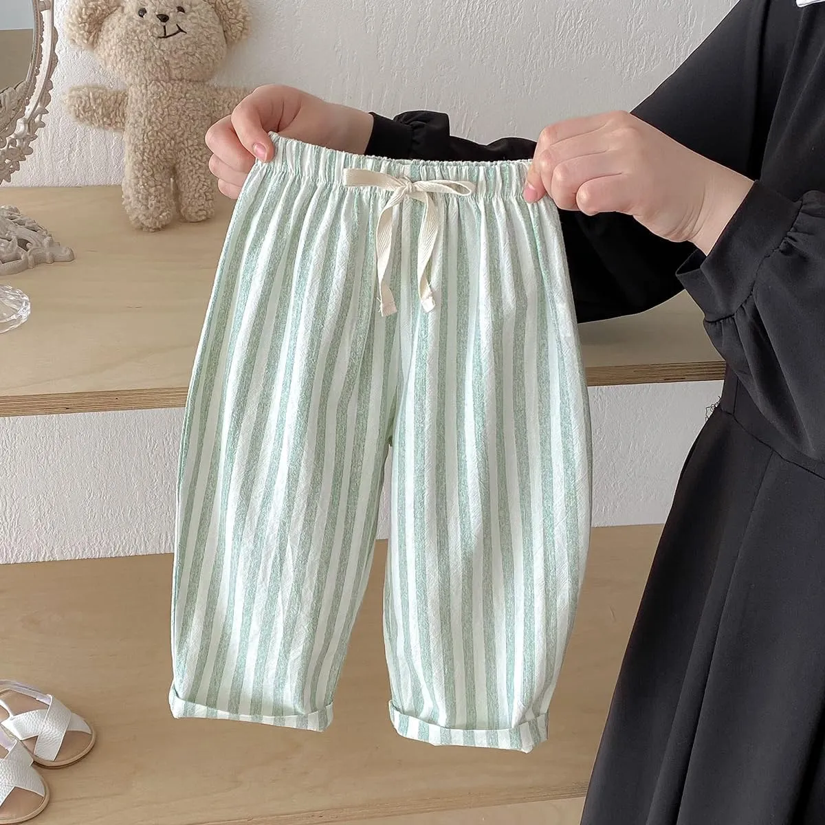 Ashmyova Classic Casual Pants for Boys Thin Cotton Stripe Elastics Waist Spring Summer Trousers Toddler Long Pants 2Pcs