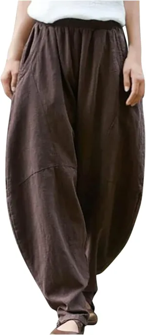 Baggy Pants for Women 2025 Summer Cotton Linen Wide Leg Pants Casual Loose Fit Elastic Waist Pull On Trousers