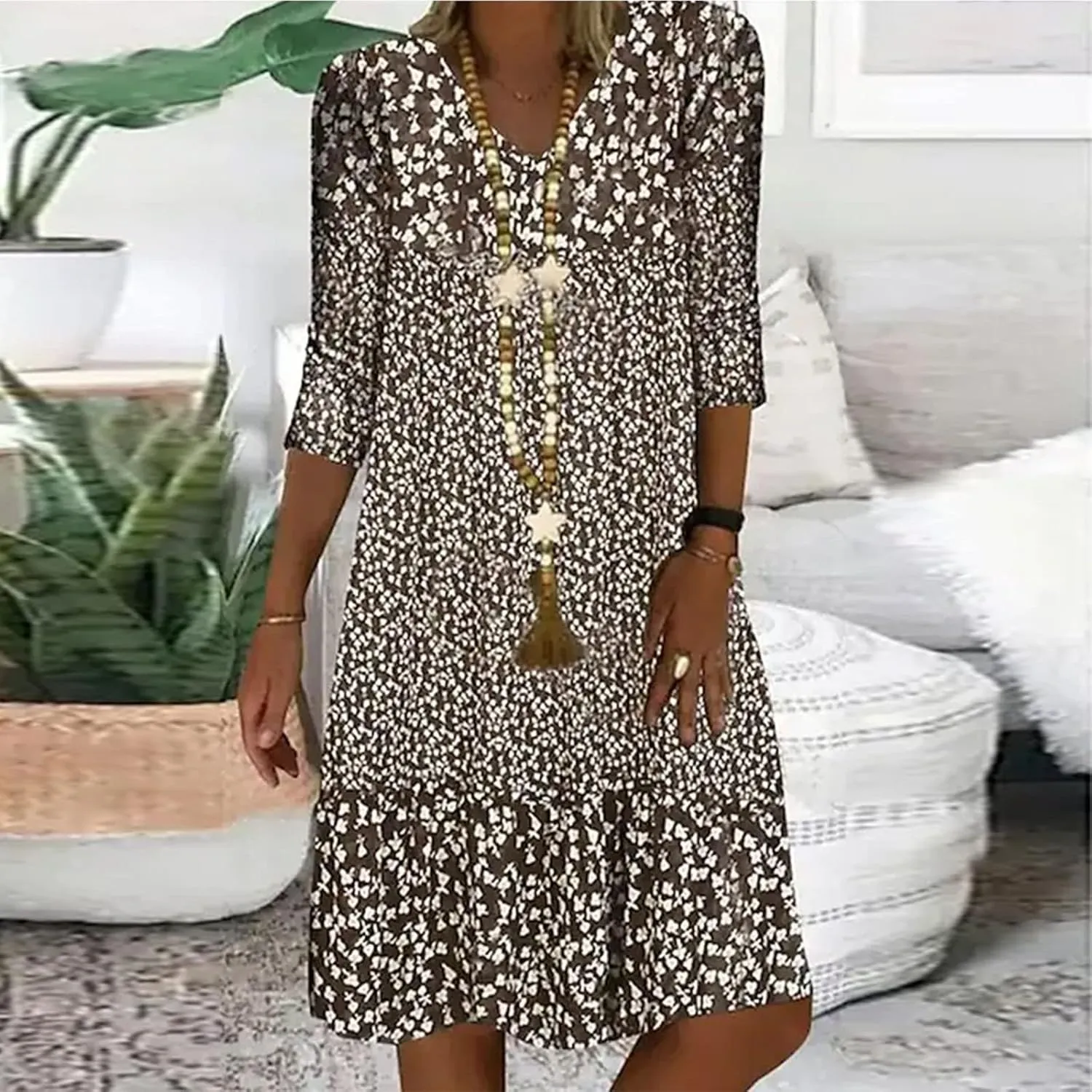 Beach Dresses for Women 3/4 Sleeve V Neck Boho Vacation Dress Loose Fit Floral Summer Casual Trendy Sundress