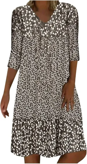 Beach Dresses for Women 3/4 Sleeve V Neck Boho Vacation Dress Loose Fit Floral Summer Casual Trendy Sundress
