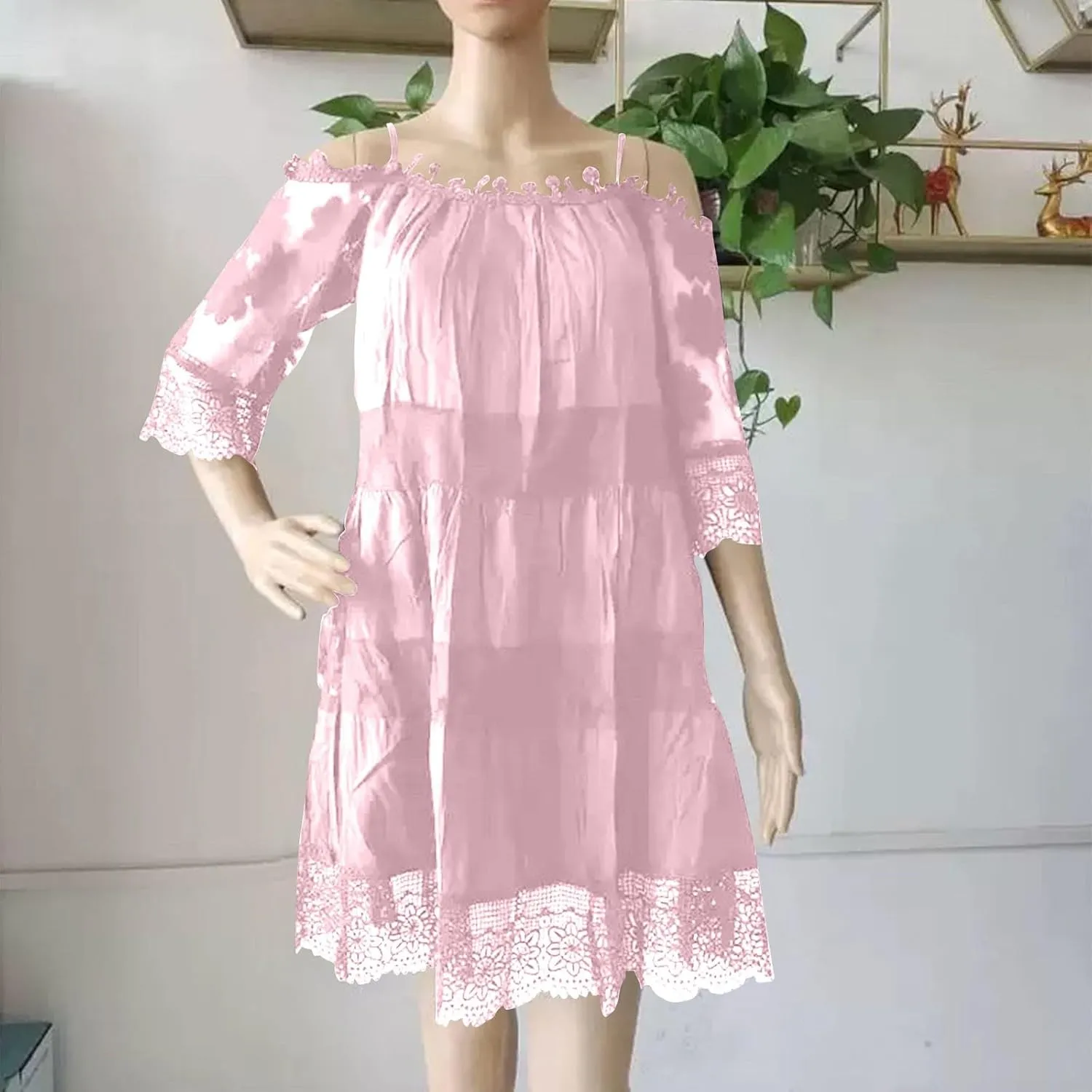 Beach Dresses for Women Lace Patchwork Cold Shoulder Short Sleeve Mini Dress Summer Plus Size Boho Vacation Dress