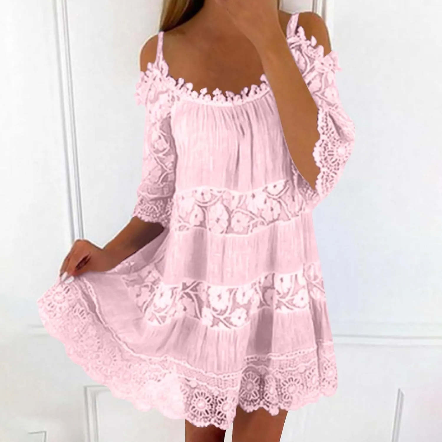 Beach Dresses for Women Lace Patchwork Cold Shoulder Short Sleeve Mini Dress Summer Plus Size Boho Vacation Dress