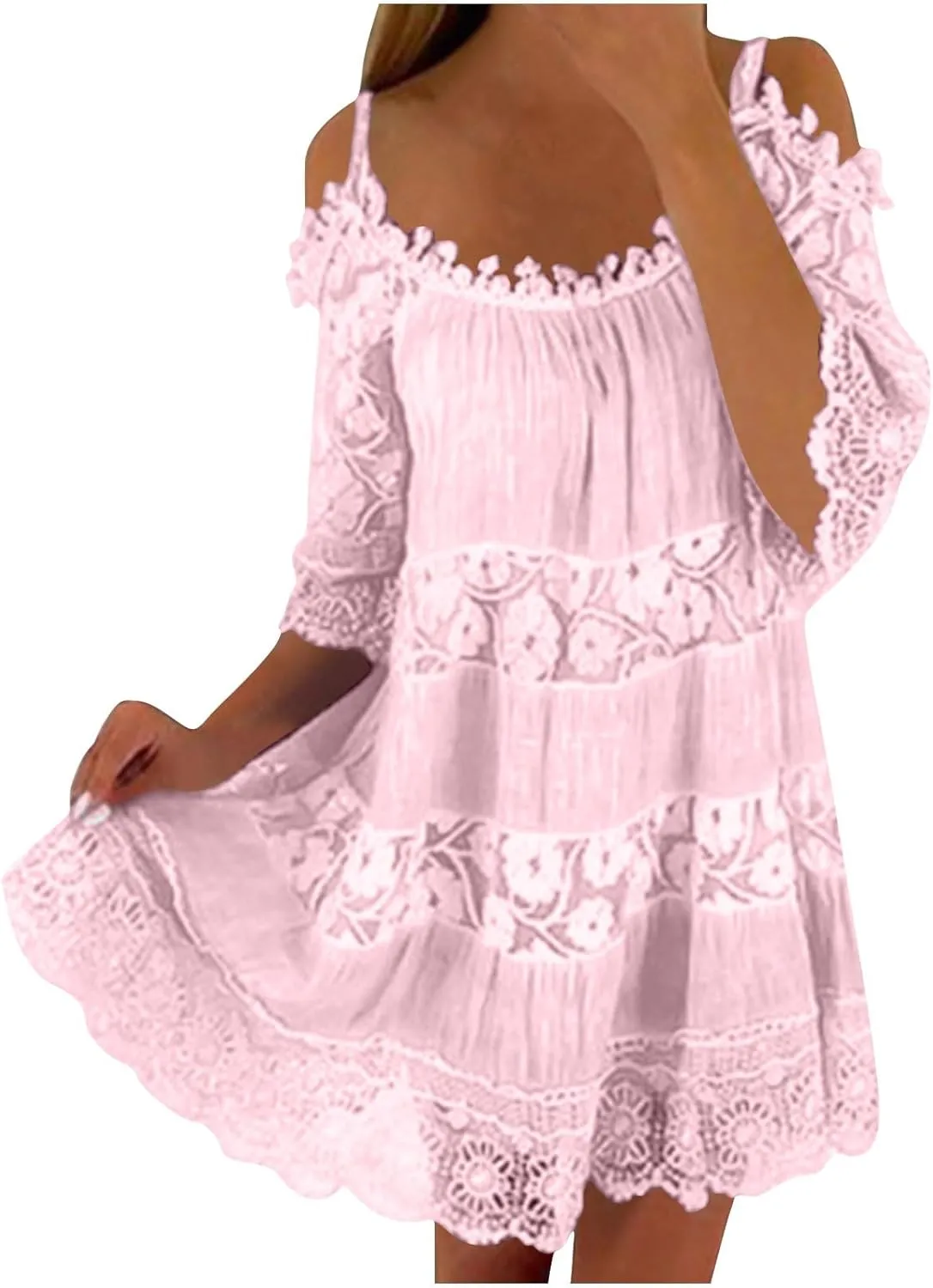 Beach Dresses for Women Lace Patchwork Cold Shoulder Short Sleeve Mini Dress Summer Plus Size Boho Vacation Dress