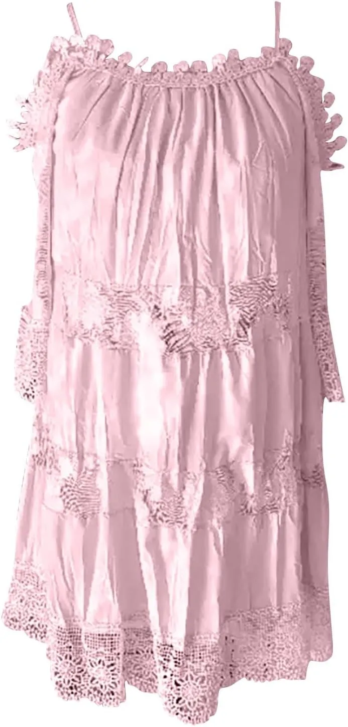 Beach Dresses for Women Lace Patchwork Cold Shoulder Short Sleeve Mini Dress Summer Plus Size Boho Vacation Dress