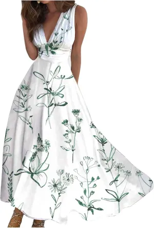 Beach Dresses for Women Summer Trendy Elegant V Neck Wrap Floral Boho Dress Flowy Ruched Maxi Dress