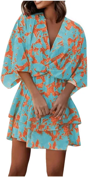 Beach Dresses for Women Vacation Short Batwing Sleeve V Neck Summer Trendy Dress Ruffle Boho Mini Sundress