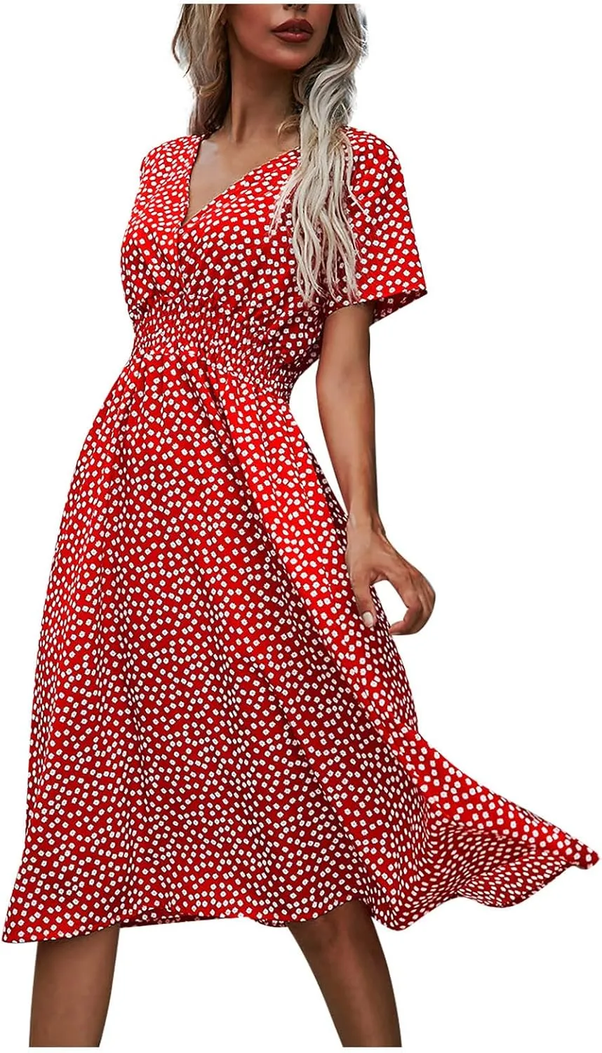 Beach Dresses for Women,2024 Summer Trendy Elegant Wrap V Neck Floral Boho Dress,Flowy Ruched Hawaiian Maxi Dress