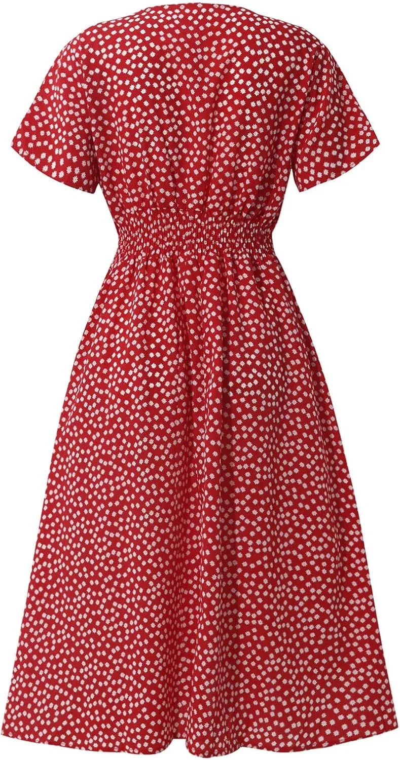 Beach Dresses for Women,2024 Summer Trendy Elegant Wrap V Neck Floral Boho Dress,Flowy Ruched Hawaiian Maxi Dress