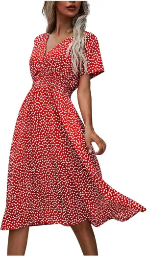 Beach Dresses for Women,2024 Summer Trendy Elegant Wrap V Neck Floral Boho Dress,Flowy Ruched Hawaiian Maxi Dress