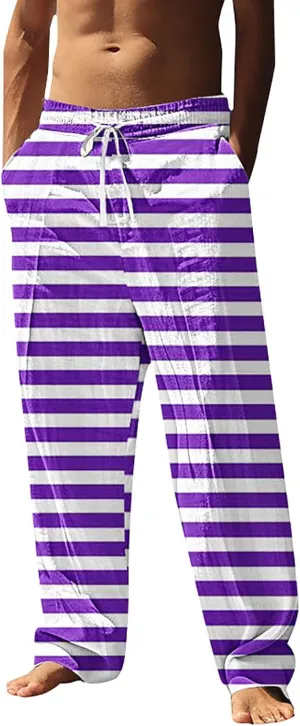 Beach Pants Men Baggy Striped Wide Leg Drawstrings Elastic Waist Loose Fit Trousers Summer Boho Yoga Pants