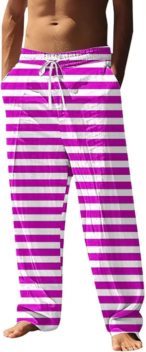 Beach Pants Men Baggy Striped Wide Leg Drawstrings Elastic Waist Loose Fit Trousers Summer Boho Yoga Pants