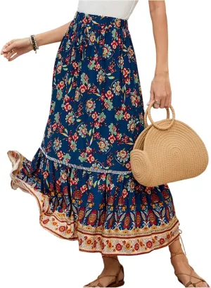 Beach Vacation Clothes for Women Summer Loose Casual Trendy Vintage Floral Printed Elastic Waist Boho Skirts, S-XL