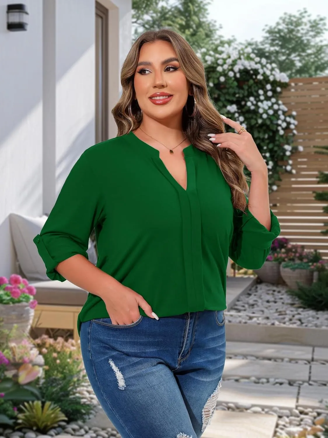 Beauhuty Womens Plus Size Tops Split V Neck Tunic Pleated Shirts Casual Trendy Flowy Dressy Blouses Roll up Sleeves