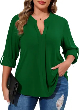Beauhuty Womens Plus Size Tops Split V Neck Tunic Pleated Shirts Casual Trendy Flowy Dressy Blouses Roll up Sleeves