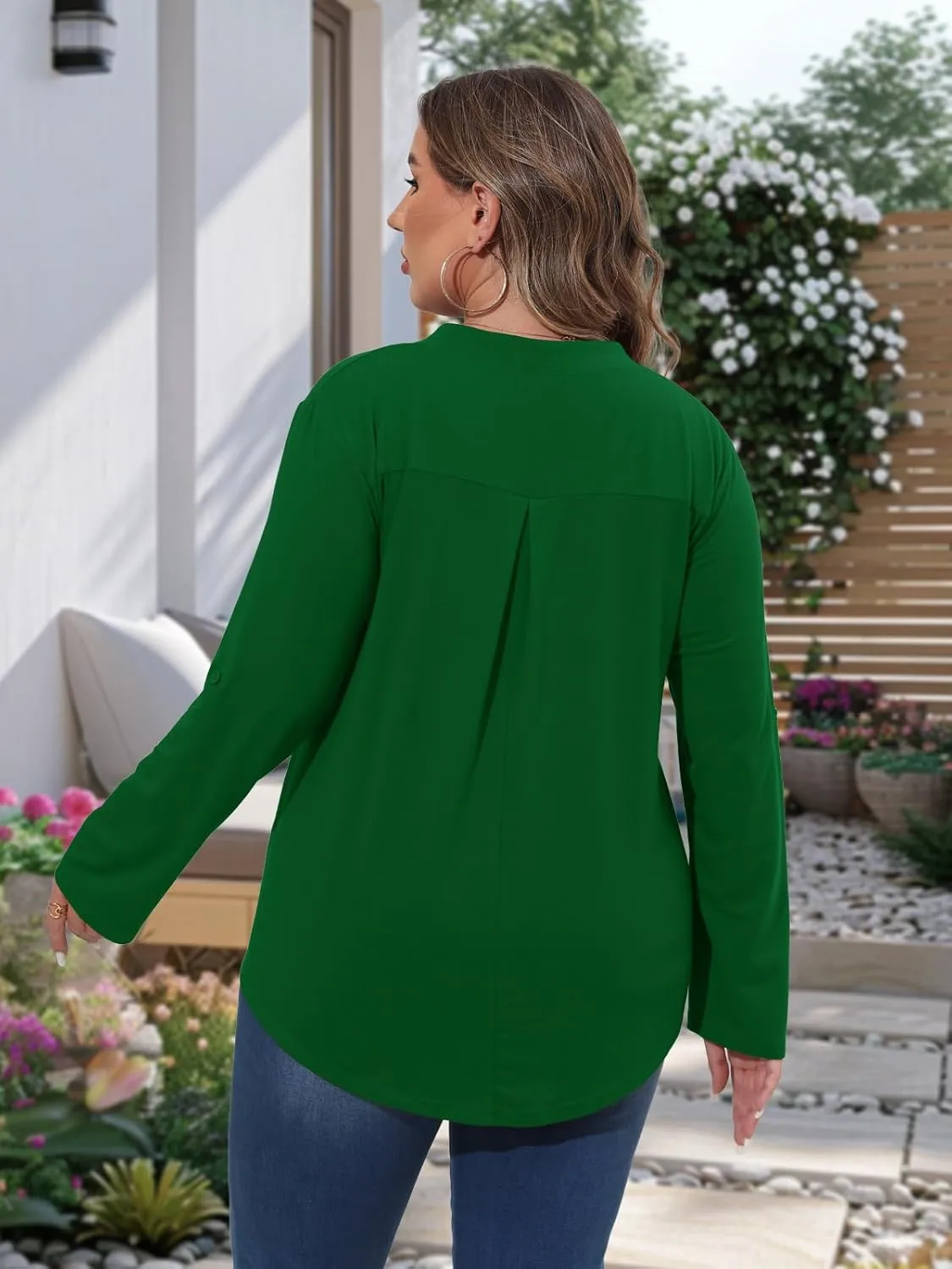 Beauhuty Womens Plus Size Tops Split V Neck Tunic Pleated Shirts Casual Trendy Flowy Dressy Blouses Roll up Sleeves