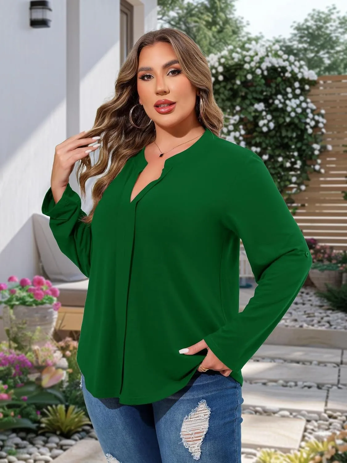 Beauhuty Womens Plus Size Tops Split V Neck Tunic Pleated Shirts Casual Trendy Flowy Dressy Blouses Roll up Sleeves