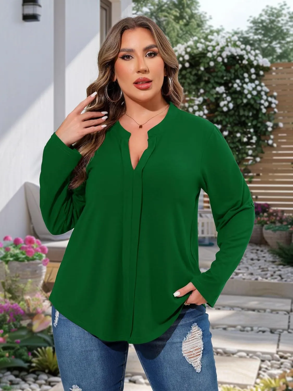 Beauhuty Womens Plus Size Tops Split V Neck Tunic Pleated Shirts Casual Trendy Flowy Dressy Blouses Roll up Sleeves