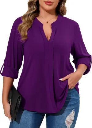 Beauhuty Womens Plus Size Tops Split V Neck Tunic Pleated Shirts Casual Trendy Flowy Dressy Blouses Roll up Sleeves