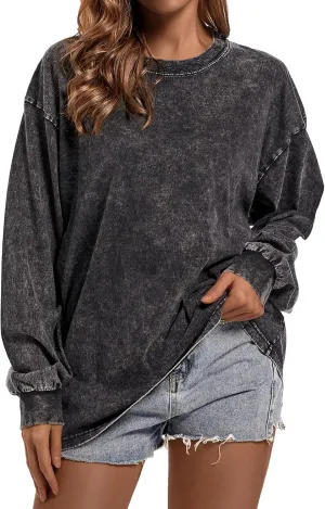 BINTEHGS Crewneck Oversized Sweatshirt for Women Loose Fit Long Sleeve Shirts Vintage Acid Wash Tshirt Basic Solid Color Tee