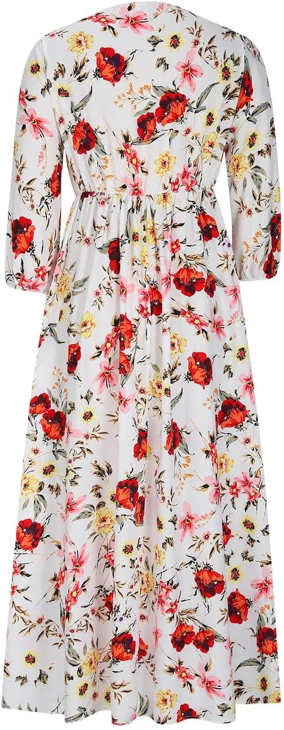 Boho Dresses for Women 2024 Crewneck Puff Short Sleeve Floral Maxi Dress Summer 2024 Trendy Beach Vacation Sundress