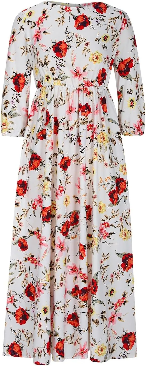 Boho Dresses for Women 2024 Crewneck Puff Short Sleeve Floral Maxi Dress Summer 2024 Trendy Beach Vacation Sundress