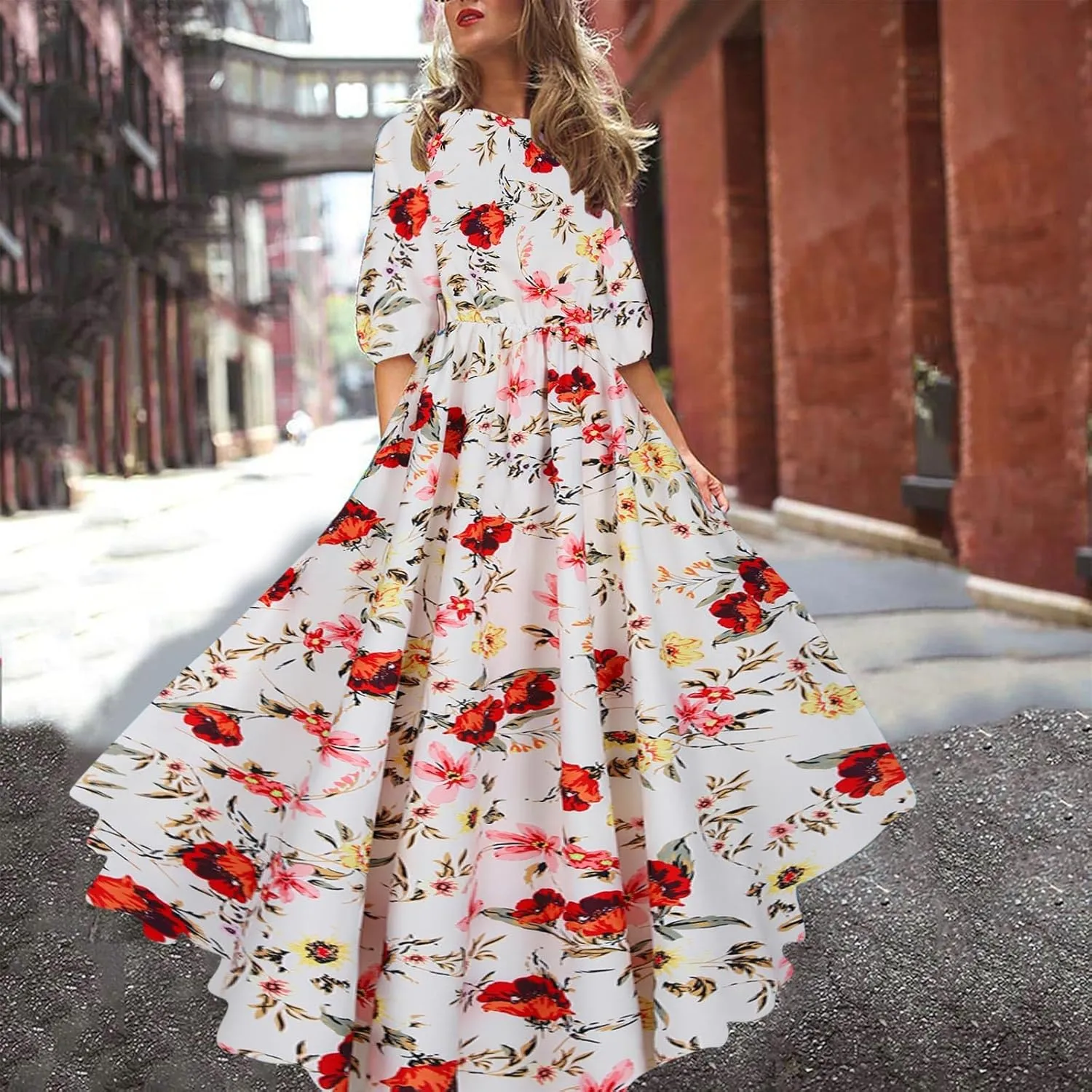 Boho Dresses for Women 2024 Crewneck Puff Short Sleeve Floral Maxi Dress Summer 2024 Trendy Beach Vacation Sundress