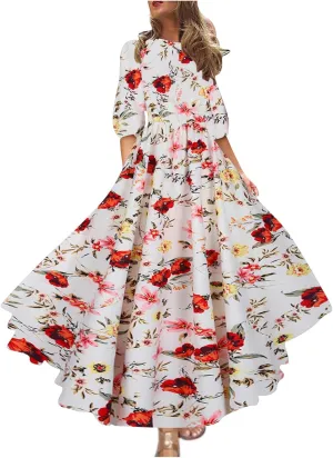 Boho Dresses for Women 2024 Crewneck Puff Short Sleeve Floral Maxi Dress Summer 2024 Trendy Beach Vacation Sundress