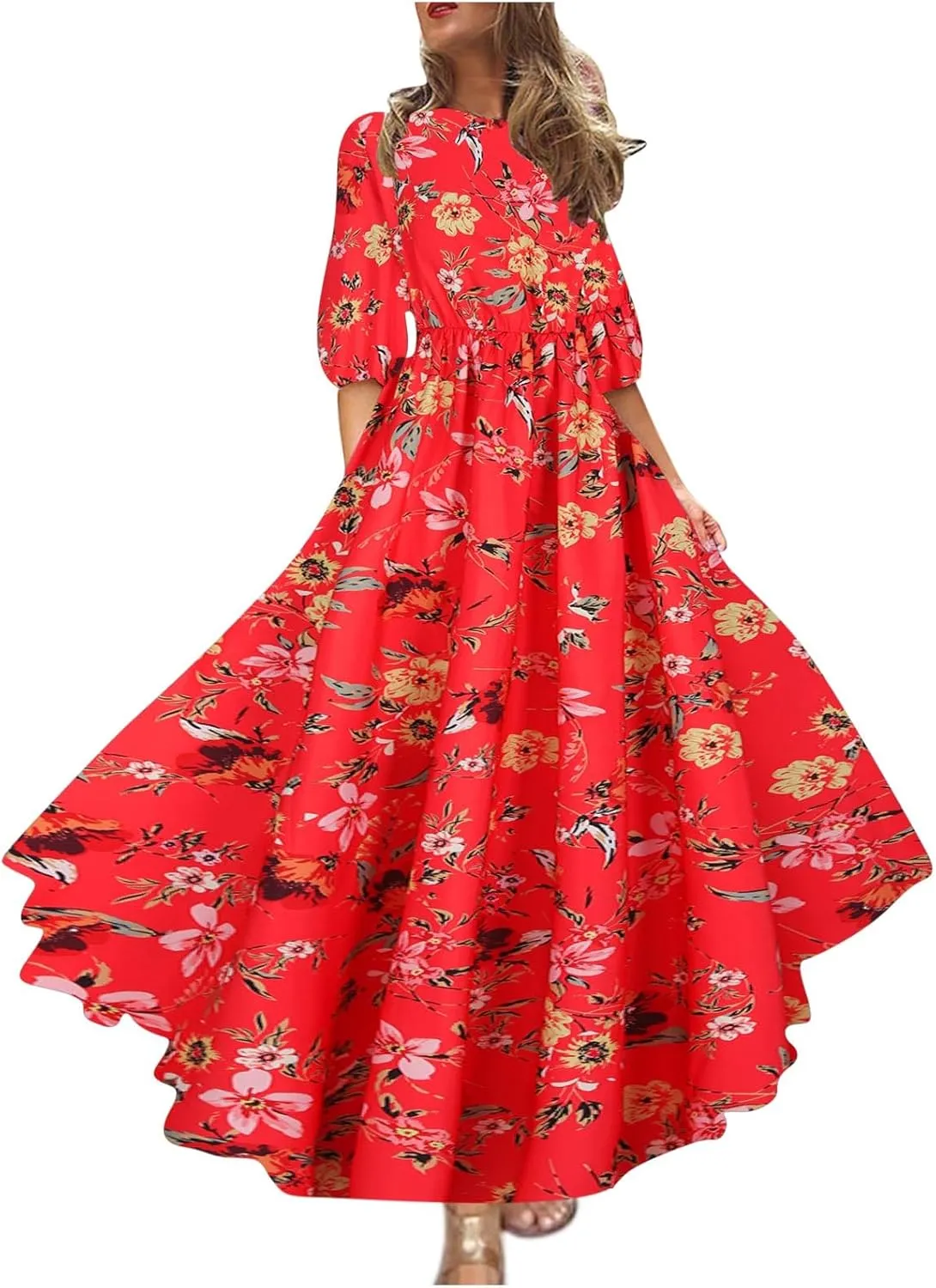 Boho Dresses for Women 2024 Crewneck Puff Short Sleeve Floral Maxi Dress Summer 2024 Trendy Beach Vacation Sundress
