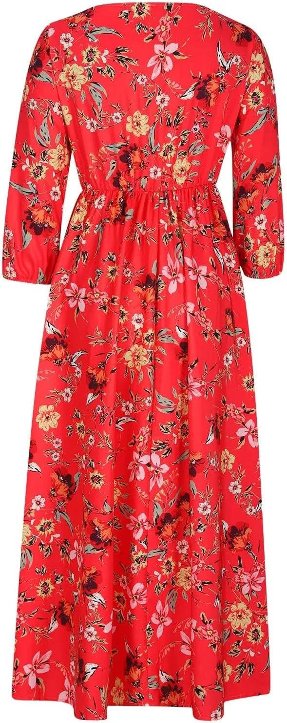 Boho Dresses for Women 2024 Crewneck Puff Short Sleeve Floral Maxi Dress Summer 2024 Trendy Beach Vacation Sundress