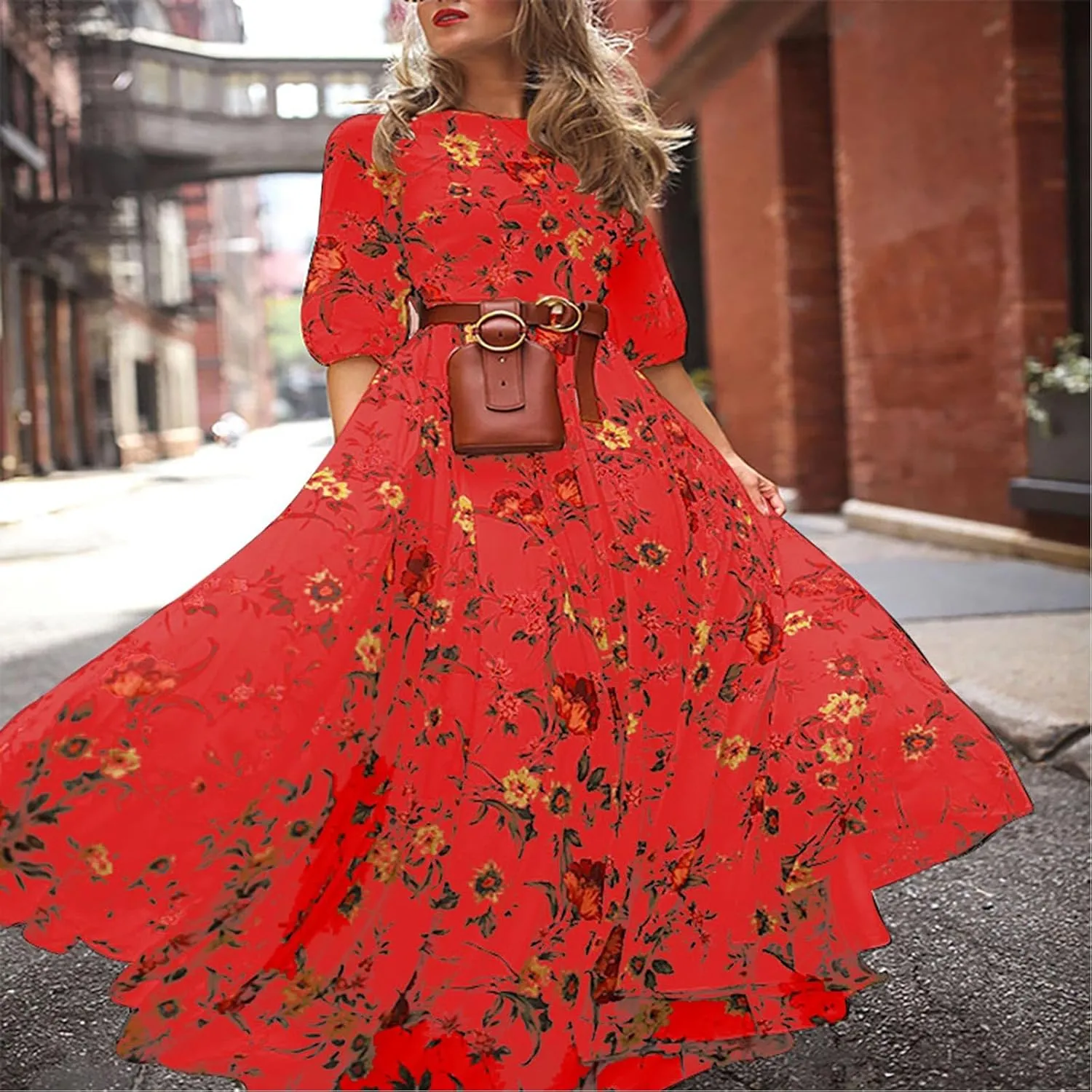 Boho Dresses for Women 2024 Crewneck Puff Short Sleeve Floral Maxi Dress Summer 2024 Trendy Beach Vacation Sundress