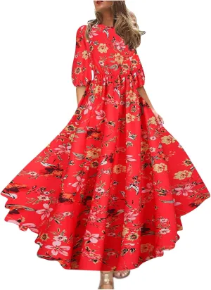 Boho Dresses for Women 2024 Crewneck Puff Short Sleeve Floral Maxi Dress Summer 2024 Trendy Beach Vacation Sundress