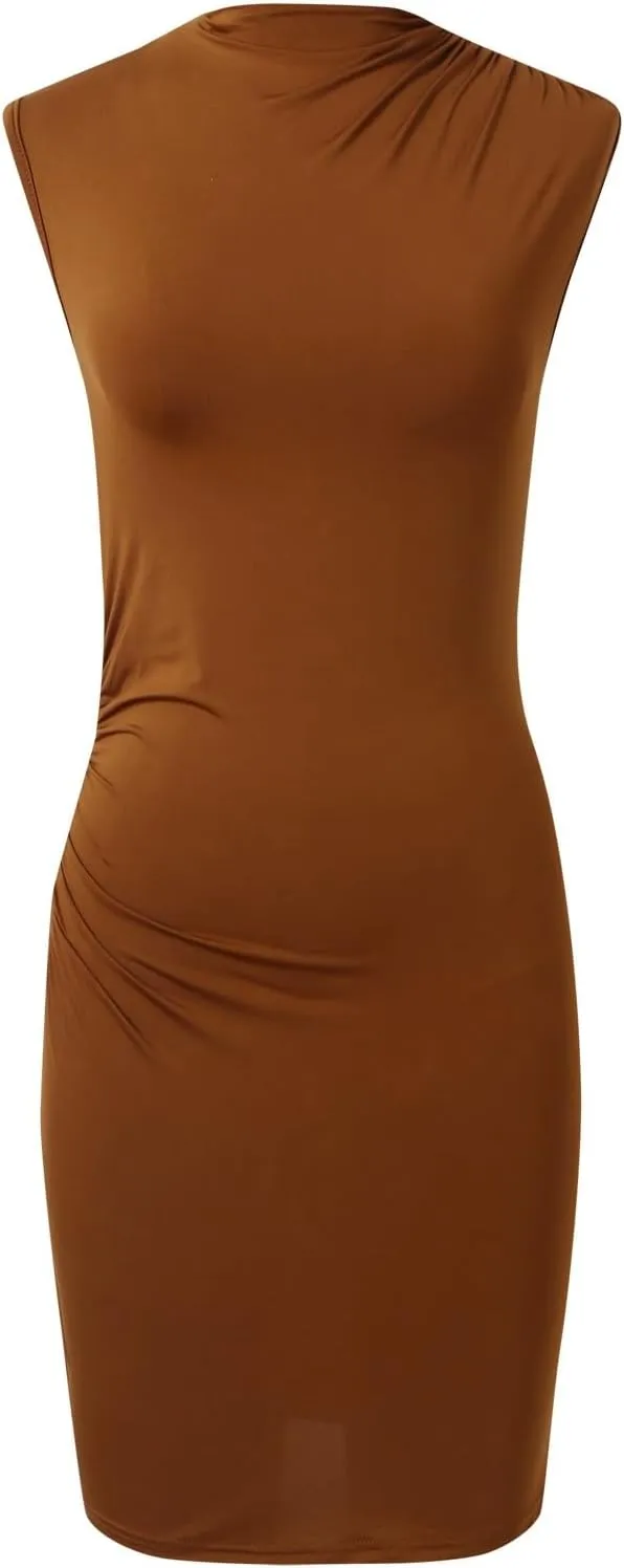 Boho Dresses for Women,2025 Trendy Casual Mock Neck Dresses Sling Ruched Bodycon Mini Dress Cocktail Party Sundress