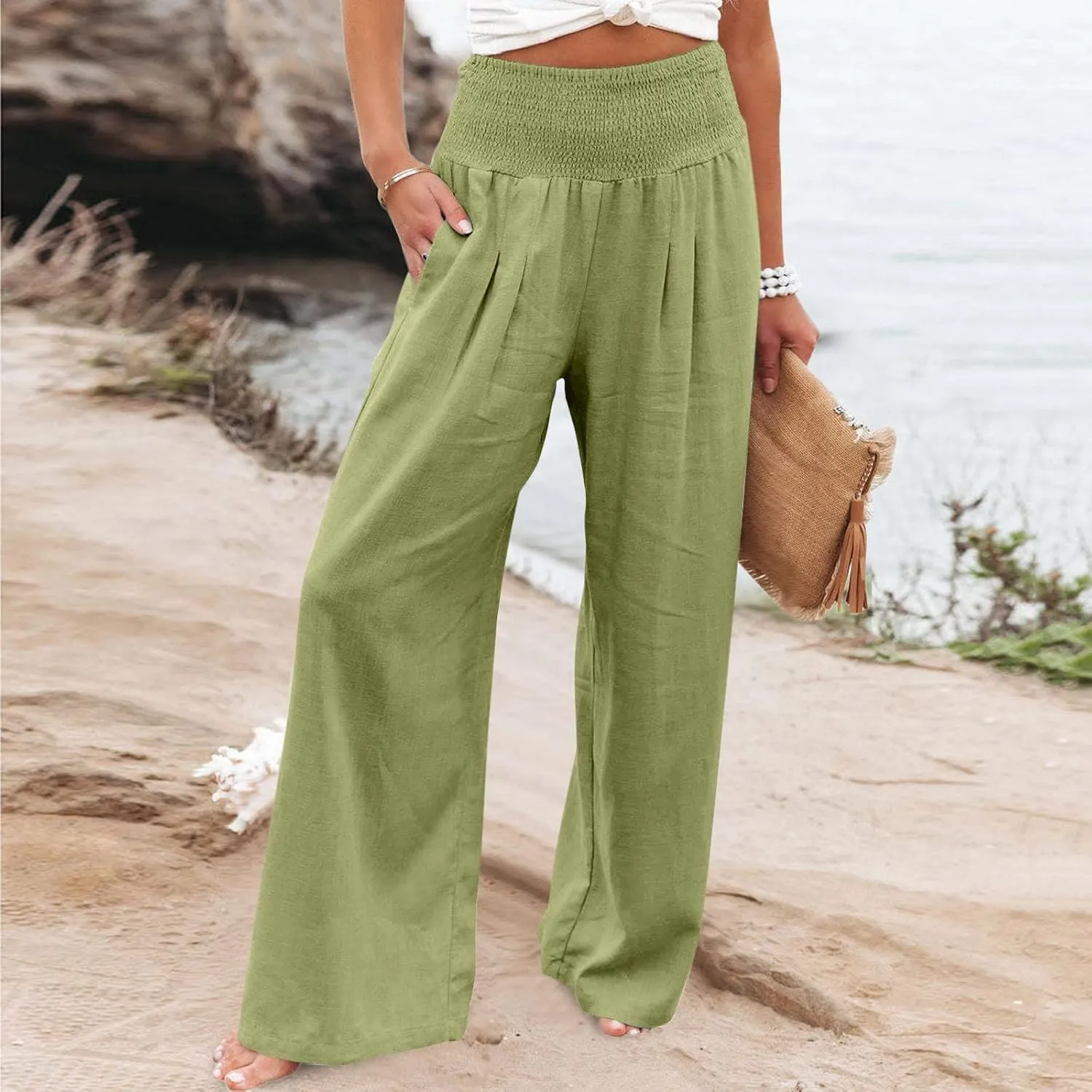BZGTZT Wide Leg Pants for Women Summer Casual Smocked Elastic High Waisted Linen Pant Solid Loose Palazzo Pants Trousers