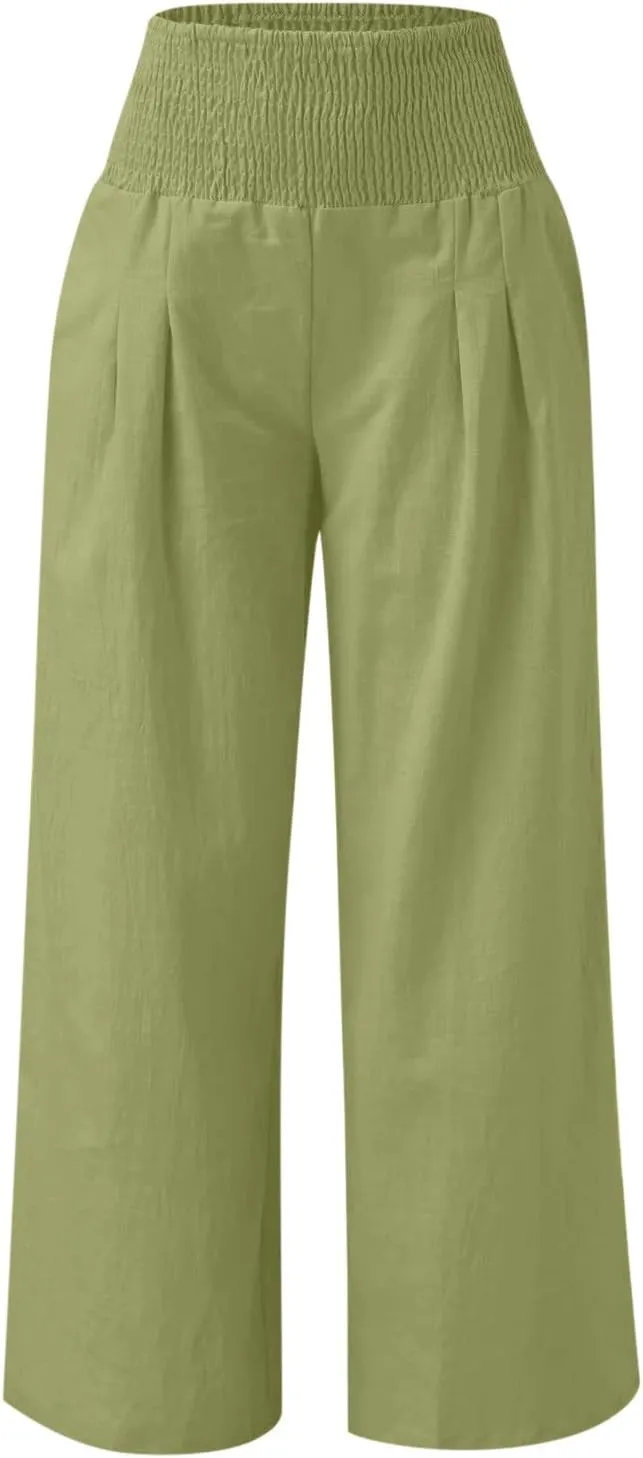 BZGTZT Wide Leg Pants for Women Summer Casual Smocked Elastic High Waisted Linen Pant Solid Loose Palazzo Pants Trousers