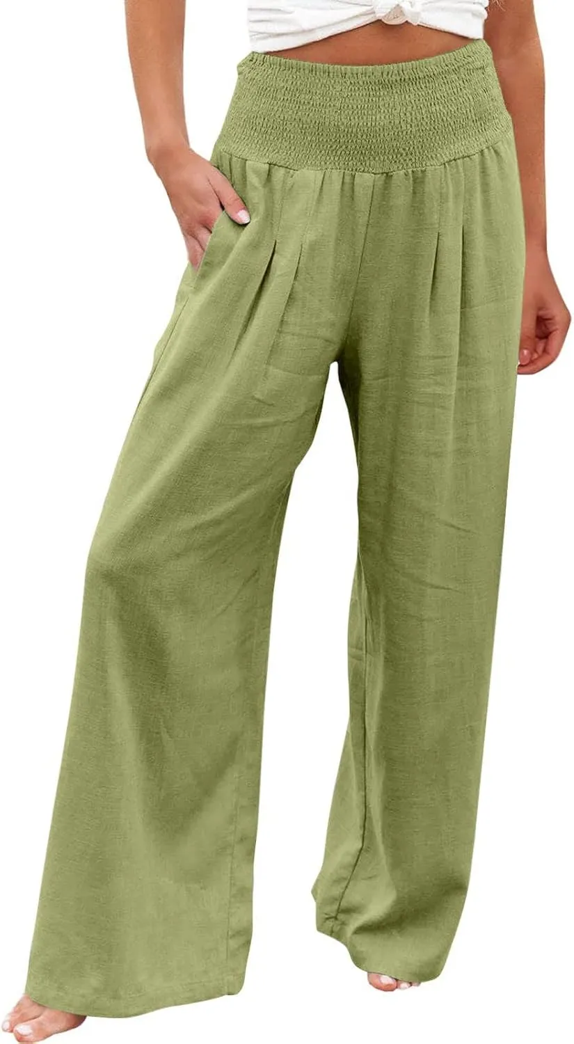 BZGTZT Wide Leg Pants for Women Summer Casual Smocked Elastic High Waisted Linen Pant Solid Loose Palazzo Pants Trousers