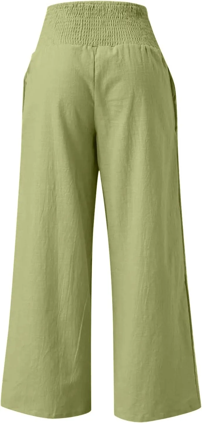 BZGTZT Wide Leg Pants for Women Summer Casual Smocked Elastic High Waisted Linen Pant Solid Loose Palazzo Pants Trousers