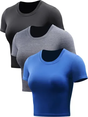 CADMUS Women's Dry Fit Crop Top Yoga Short Sleeve Shirts Crew Neck Athletic Running Tee 3 Pieces