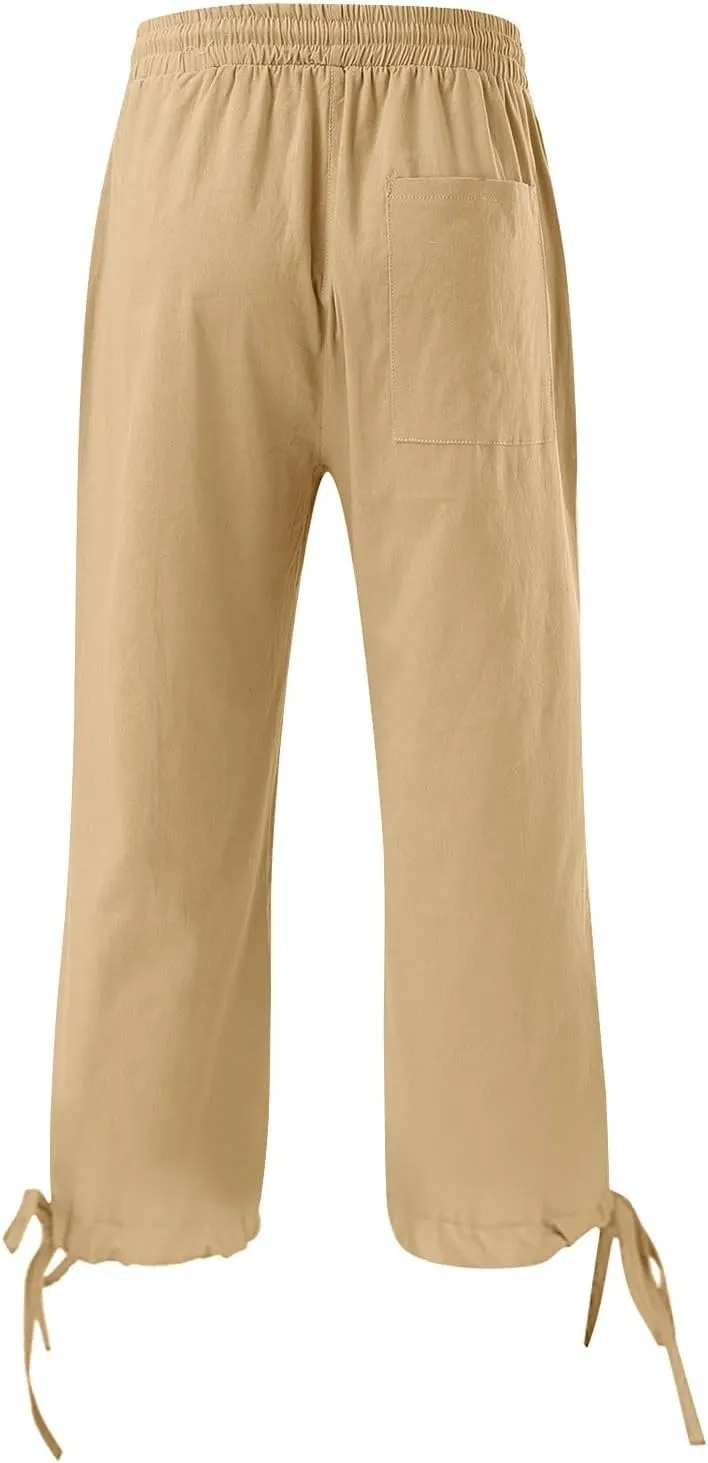 Capri Pants for Women 2025 Summer Linen Wide Leg Crop Pant Casual Drawstring Lightweight Lounge Trousers with Pocket