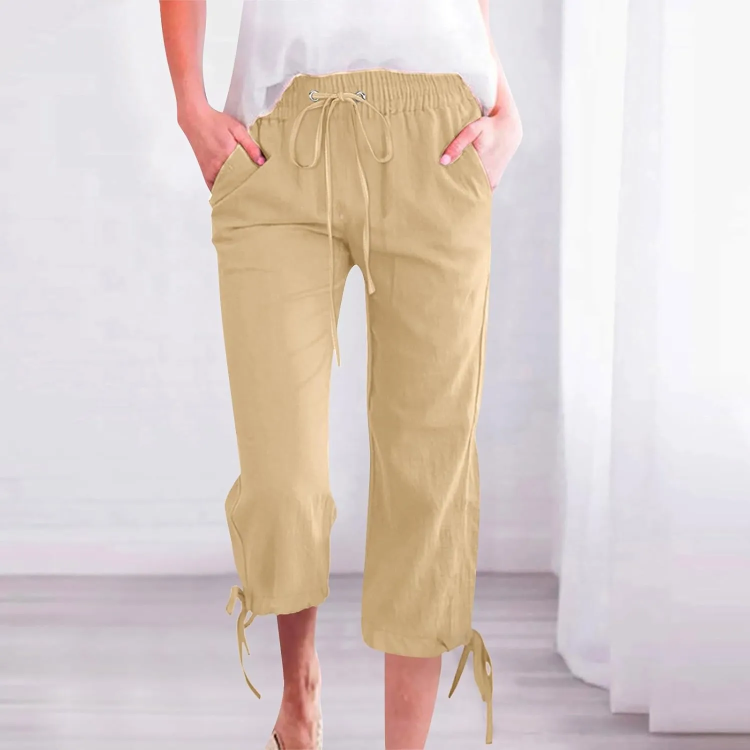 Capri Pants for Women 2025 Summer Linen Wide Leg Crop Pant Casual Drawstring Lightweight Lounge Trousers with Pocket
