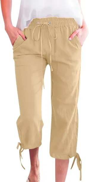Capri Pants for Women 2025 Summer Linen Wide Leg Crop Pant Casual Drawstring Lightweight Lounge Trousers with Pocket