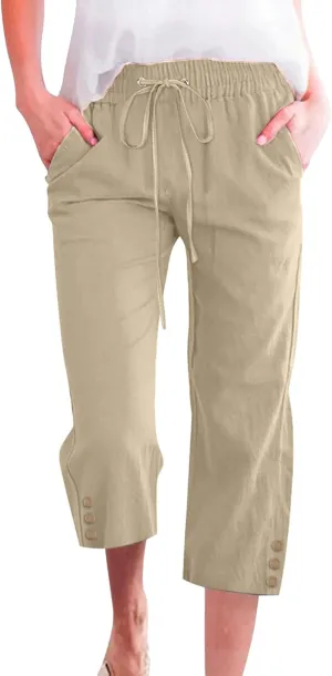 Capris Pants for Women High Waist Drawstring Comfy Casual Pants Lightweight Loose Trousers ButtonsTrim with Pocket
