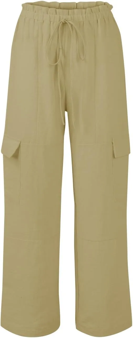 Cargo Linen Pants for Women Summer Wide Leg Palazzo Pants Casual Drawstring Elastic Waist Beach Trousers with Pockets
